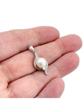 Vintage Sterling Silver 925 Cubic Zirconia Imitation Pearl Pendant